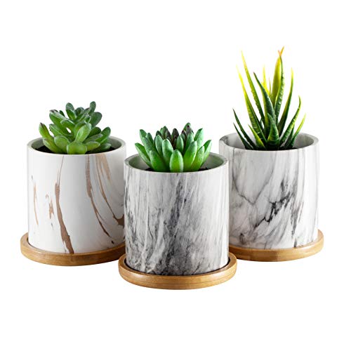 Dsben 32 Inch Succulent Plant Pots Small Marble Pattern Ceramic Flower Planter Indoor with Bamboo Tray for Cactus Herb Home Set of 3 (Plants Not Included)