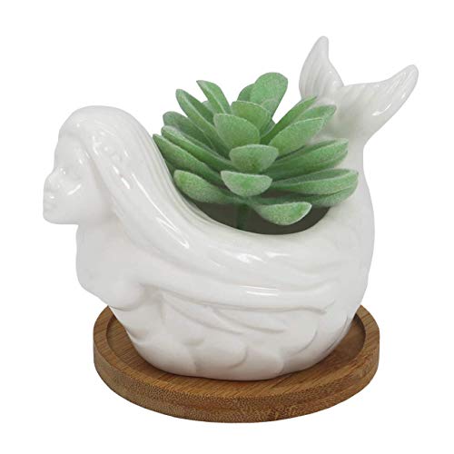 Gemseek Cute Mermaid Succulent Planter Pot with Bamboo Drainage Tray White Ceramic CactusFlower Container Desktop Bonsai Holder for Indoor Home Decor
