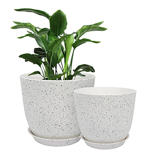 Plastic Planters with Saucers  8675 Inch Flower Pots Indoor Modern Decorative Plant Pots for Plants with Drainage Hole and Tray for All House Plants Flowers and CactusSpeckled White