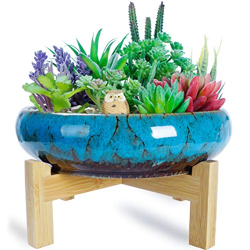 Artketty 10 Inch Large Round Succulent Planter Pot with Stand Vintage Ceramic Glazed Bonsai Pot with Mess Drainage Screen Decorative Garden Cactus Flower Plant Container Bowl for IndoorOutdoor