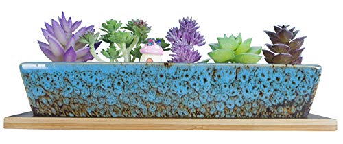Artketty 98 Inch Ceramic Succulent Planter Pots Modern Long Rectangle Flower Plant Containers with Bamboo Trays Mini Cactus Bonsai Window Box with Drainage for IndoorOutdoor Home Decor(Blue)