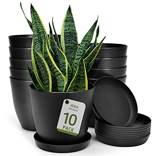 JERIA 10Pack 55 Inch Plastic Plant Pots with Drainage Hole and Trays Modern Decorative Gardening Pots Suitable for Indoor and Outdoor All House Plants Succulents Flowers and Cactus Black