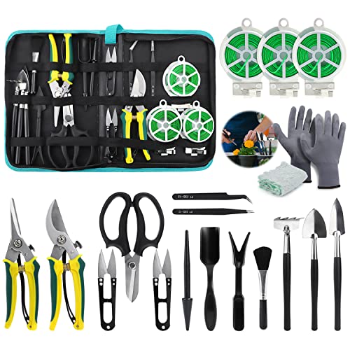 HITJOY 20PCS Bonsai ToolsBonsai Tool Set Include Gardening Trimming Tools SetSucculent KitCarbon Steel ScissorBonsai WireGloves and Storage BagBonsai Pruning  Care Kit for Gardening Beginners