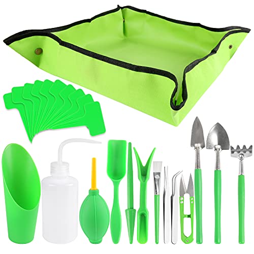 wonmon Pack of 24 Succulent Tool Set Mini Garden Tools Set Succulent Hand Tools Garden Flower Plants Transplanting Supplies Plant Potting Tarp Mat Indoor Outdoor Miniature Fairy Garden Plant Care