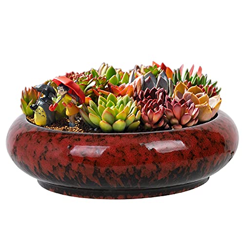 73 Ceramic Round Pot Decorative Glazed Planter with Drainage Hole Plant Container for Succulent Bonsai Cactus Flowers Indoor  Outdoor (Red)