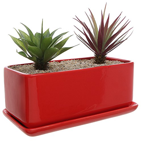 MyGift 10 inch Rectangular Modern Minimalist Red Ceramic Succulent Planter PotWindow Box Container with Saucer and Drainage Holes