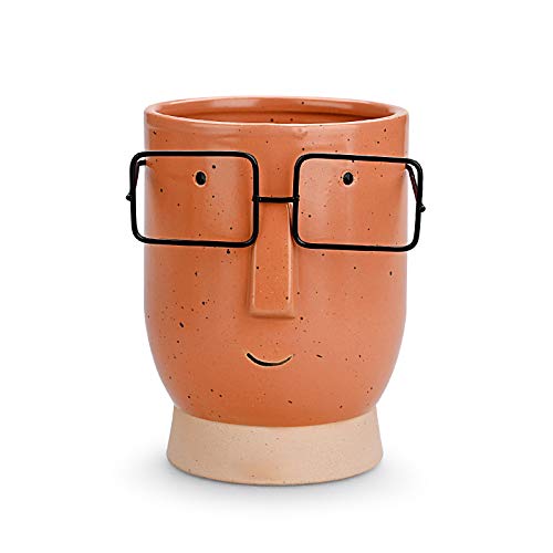 Royal_Z Face Planter Flower Pots Succulent Pots Head Planter Pot Utensils Crock Pen Holder Cute Cartoon Face Design Funny Plant Pots wear a Cool Glasses Handmade Red