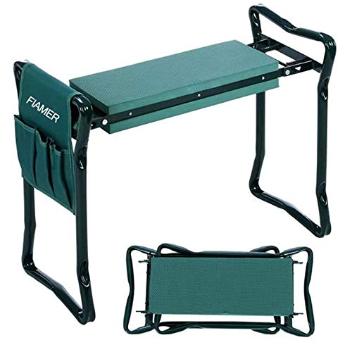 FIAMER Garden Kneeler Seat Folding Stool Work Seat Flower Planting Grass Belt Tool Bag Camping Outdoor Portable Garden Stool Garden Kneeler with 1 Bonus Tool Pouches (235x193 Green)