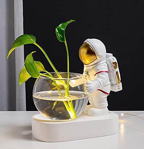 Astronaut Planter Spaceman Glass Vase，Astronaut Resin Hydroponics Flower Vases，Led Light Nordic Modern Succulent Flower Pot Creative Decor White for Home Office Table (A1)