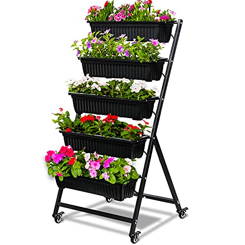 CERBIOR Vertical Garden Herb Raised Bed 45FT Freestanding Elevated Planters with 5 Container Boxes Good for Patio Balcony Indoor Outdoor (Black)