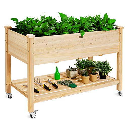 Giantex Raised Garden Bed on Wheels Wood Planter Box with Legs Liner Drain Holes Elevated Garden Bed for Vegetables Standing Garden Container for Backyard Patio 475 LX 235 WX 33 H