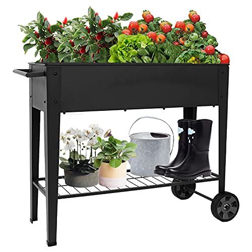 Mobile Garden Bed Metal Elevated Raised Planter Box with Legs Handlebar Outdoor Garden Planters On Wheels Apartment Patio Flower Vegetables Fruits Herb Kit Standing Frame