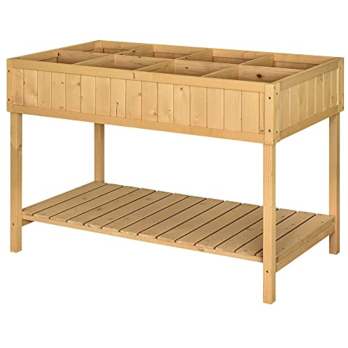 Outsunny Wooden Raised Garden Bed with 8 Slots Elevated Planter Box Stand with Open Shelf for Limited Garden Space to Grow Herbs Vegetables and Flowers