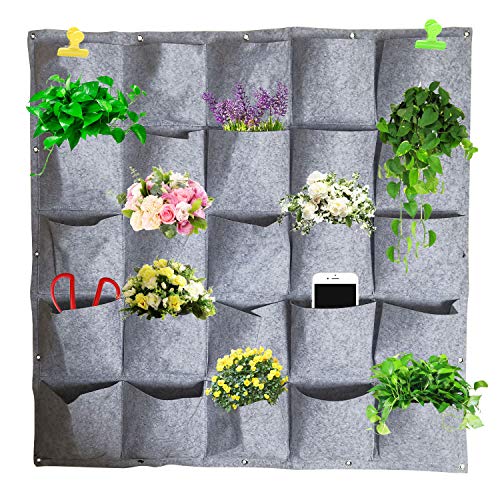 DSDecor 25 Pockets Vertical Wall Hanging Planters Fabric Planting Bags Wall Mount Flower Plant Grow Bags for Indoor Outdoor Garden Yard Decorations (40x40 Grey)
