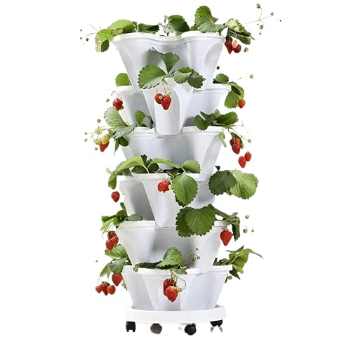 Vegetable Melon Fruit Planting Pot Strawberry and Herb Garden Planter Stackable Type Creative Plastic Vertical Stereoscopic Indoor Outdoor Plants Flower Pot Stacking Garden Pots(White) 35X35X15cm