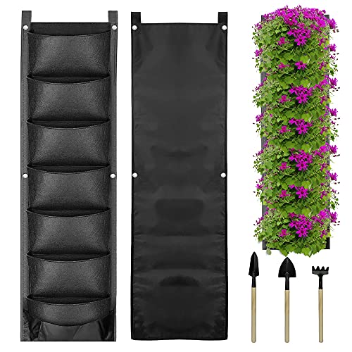 Vertical Hanging Garden Planter with 7 Pockets Indoor and Outdoor Gardening Wall Planter Waterproof Planting Bags with 3 Piece Garden Tool Set for Flowers Succulent Transplanting