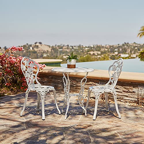 BELLEZE Cast Iron 3 Piece Bistro Set Weather Resistant Round Outdoor Patio Metal Garden Cafe Dining Table with 2 Chairs Boho Retro Vintage Design  White