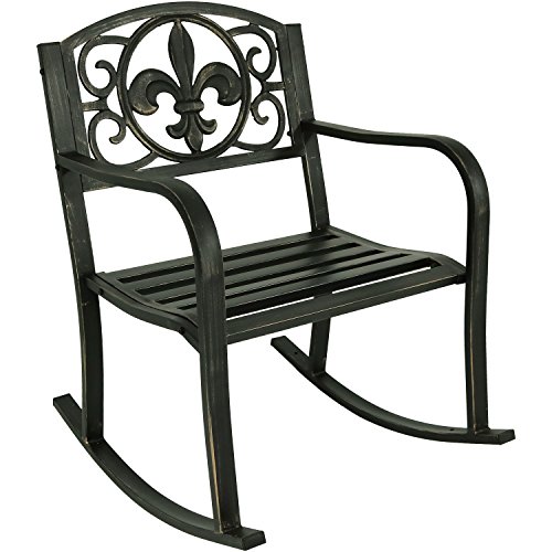 Sunnydaze Outdoor Rocking Chair  Durable Cast Iron and Steel Construction  Traditional FleurdeLis Design  Outside Front Porch Furniture  Perfect Chair for Patio Deck Backyard or Garden