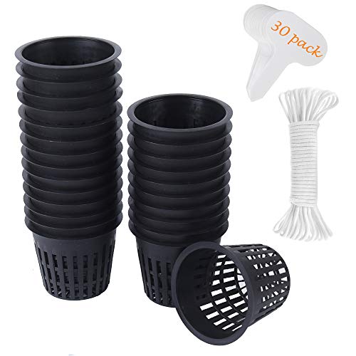 30 Pack 3 Inch Net Cup Pots with Hydroponic Self Watering Wick  Plant Labels for Aquaponics Mason Jar Insert Orchid kratky Vegetable Garden Gardening Growing Netted Baskets Slotted Mesh Wide Lip Rim