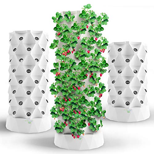 Hydroponics Tower Aquaponics Grow System  Garden Tower Aeroponics Growing Kit for Indoor  Outdoor  Herbs Fruits and Vegetables  Hydrating Pump Timer Adapter Seeding Bed  Net Pots (64 Pots)