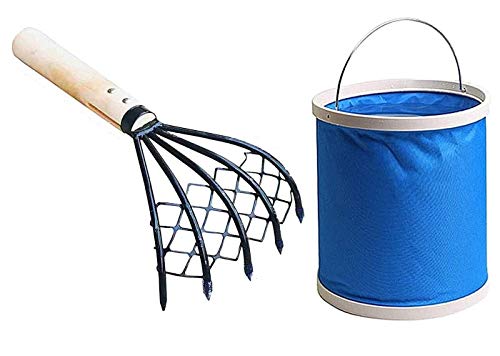 YOSOGO 5Tine Ninja Steel Claws Hand Rake with Mesh Net Clam Fork Short Wooden Handle Ergonomic NonSlip Lightweight Sturdy Compact  Comes with Portable Folding Bucket (Blue)