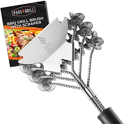 Pure Grill 3in1 Stainless Steel Bristle Free Mesh Wire Grill Brush and Scraper for Cleaning BBQ Grates