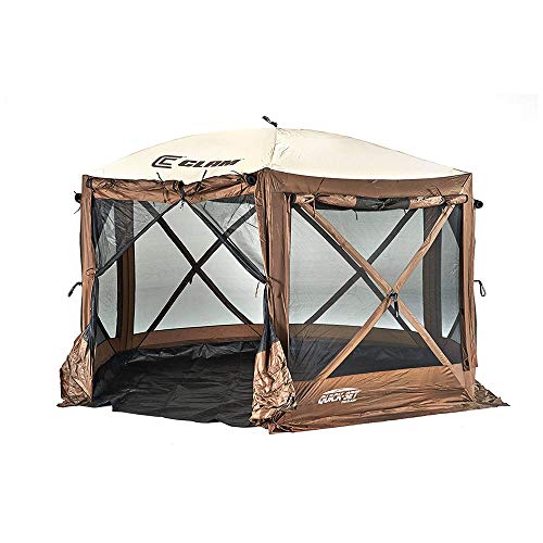 CLAM QuickSet Pavilion Camper 125 x 125 Foot Portable PopUp Camping Outdoor Gazebo Screen Tent 6 Sided Canopy Shelter wStakes  Bag Brown
