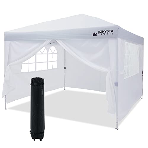 HZHYSEA 10x10 Popup Canopy Tent Commercial Instant Canopy with Wheeled Bag and Sidewalls  Mesh Windows (White)