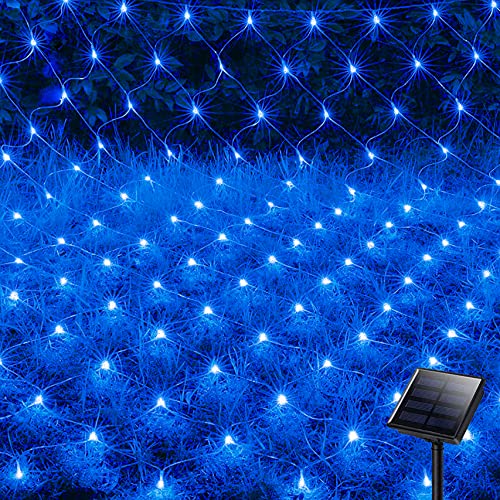Solar Net Bush Lights Outdoor 8 Modes 200 LEDs 98ft x 66ft Tree Wrap Mesh Fairy Twinkle Garden String Lights for Outdoor Home Patio Lawn Porch Window Bushes Campinig Christmas Decorations (Blue)