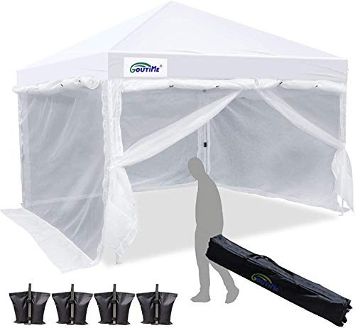 Goutime Pop Up Canopy with White Mesh Side Walls 10 x 10 Ft Screen Tent Outdoor Screen House Room with Wheeled Carry BagBonus 4 Canopy Weights