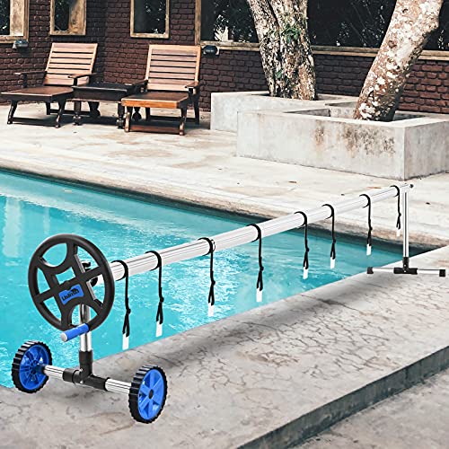 Usinso Solar Cover Reels for Inground Swimming Pool Swinming Pool Cover Reel Set Above Ground Pool Stainless Steel Solar Reel (14FT Blue)