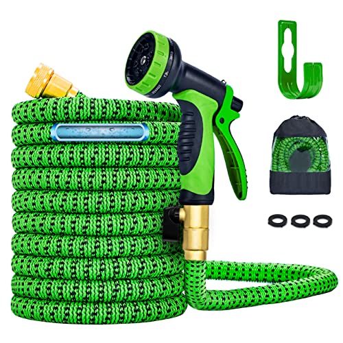 Expandable Garden Hose 25FT Water Hose with 10 Function Nozzle and Durable 4Layers Latex Extra Strength 3750D Flexible Hose with 34 Solid Brass Fittings and High Pressure Water Spray Nozzle Hoses