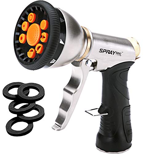 SprayTec Garden Hose Nozzle Sprayer  Heavy Duty Metal Spray Gun w Pistol Grip Trigger 9 Adjustable Patterns Best For Hand Watering Plants  Lawn Car Washing Patio Dog  More  5 Extra Washers