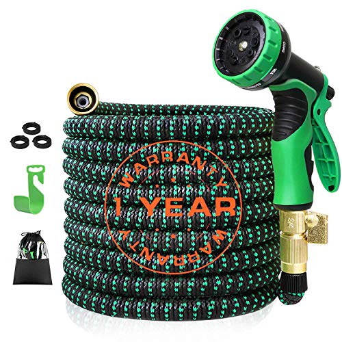 Colrasn 25ft Expandable Garden Hose Durable Flexible Water Hose 9 Function Spray Hose Nozzle 34 Solid Brass Connectors Extra Strength Fabric Lightweight Expanding Hose