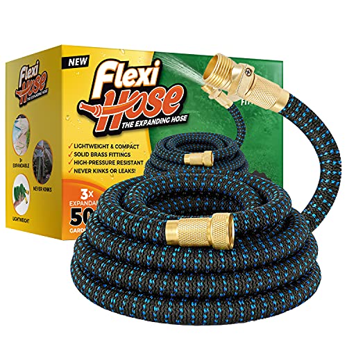 Flexi Hose Expandable Garden Hose Lightweight  NoKink Flexible Garden Hose 34 inch Solid Brass Fittings and Double Latex Core 50 ft Blue Black
