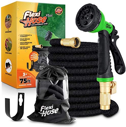 Flexi Hose PLUS with 8 Function Nozzle Expandable Garden Hose Lightweight  NoKink Flexible Garden Hose 34 inch Solid Brass Fittings and Double Latex Core 75 ft Black