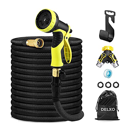 Delxo 100Ft Expandable Garden Hose Kit Include 7Flexible Water Hose with 9Function HighPressure Metal Spray Nozzle Leakproof Design 34Solid Brass Fittings Lightweight But Heavy Duty Hose Black