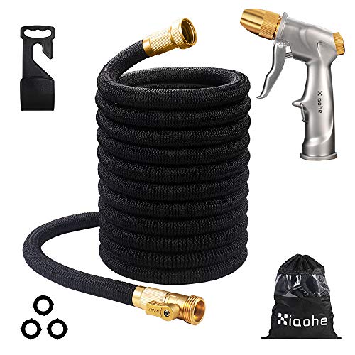 Expandable Garden Hose 100ft XIAOHE Flexible Black Upgraded Fabric Latex Core Water Hose with 34 Solid Brass Fittings and Metal High Pressure Nozzle Set