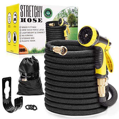 Flexible Garden Hose 100ft  Superior Lightweight Shrinking Hose  Never Kink Expandable Hose 100 ft  Black Leak Proof Retractable Hose 100 ft  Solid 34 Brass Connectors  10 Function Hose Sprayer