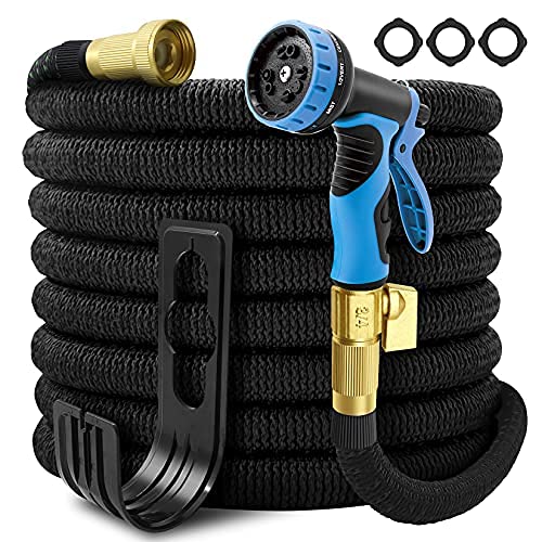 Garden Hose Expandable 100ft SelfLocking Leakproof Water Hose With 10 Function Spray NozzleHeavy Duty Flexible Hose34 Solid Brass ConnectorsLightweight NoKink Flexible Water Hose(Black)