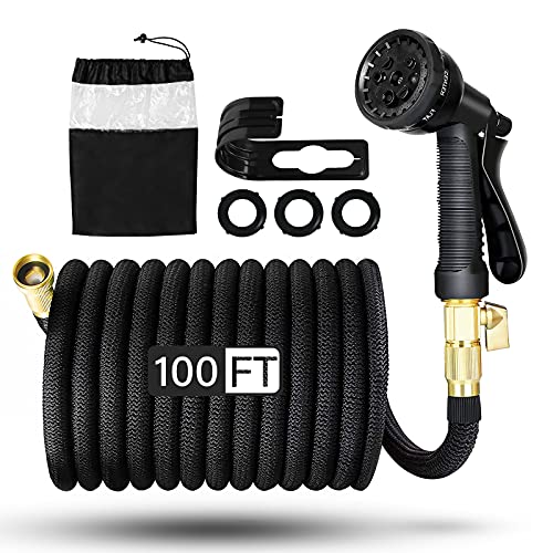VStoy Expandable Garden Hose 100ft BlackLightweight Water Flexible PipeNo Kink Flexibility with 8Patterns Rotating Spray Nozzle 34 Inch Solid Brass Connector Fittings