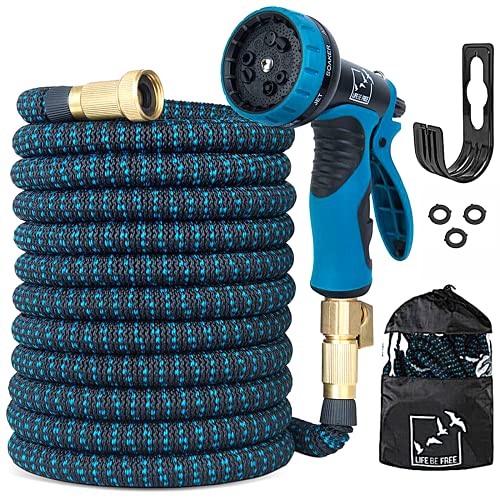 100 Ft Expandable Garden Hose Extra Strength NoKink Lightweight Durable Flexible Expanding Water Hose Pipe 9 Function Spray Nozzle 34 Solid Brass Connectors Holder Storage Bag