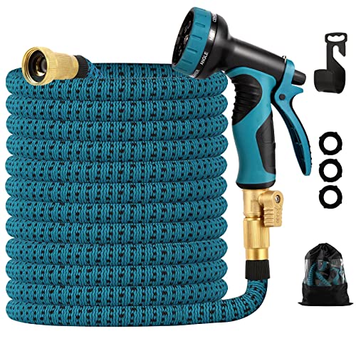 Expandable Garden Hose 100ftFlexible Water HoseLightweight Outdoor Yard Strong Durable 4Layer Latex Core 34 inch Solid Brass Fittings With 9 Way Spray Nozzle Retractable No Kink Long Hose Pipe