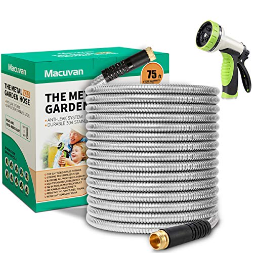 Macuvan Flexible Metal Garden Hose 75ftHeavy Duty Water Hose with Durable 304 Stainless Steel and 10 Way Spray NozzleStrong 34 Solid Brass FittingsOutdoor Yard No Kink Lightweight Long Hose Pipe