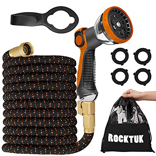Rocktuk Expandable and Flexible Garden Water Hose 10 Function Spray Nozzle Multilayer Latex Core and 34 Solid Brass Fittings Garden Hose Pipe for Car Washing and Garden(Black Orange 50FT)…