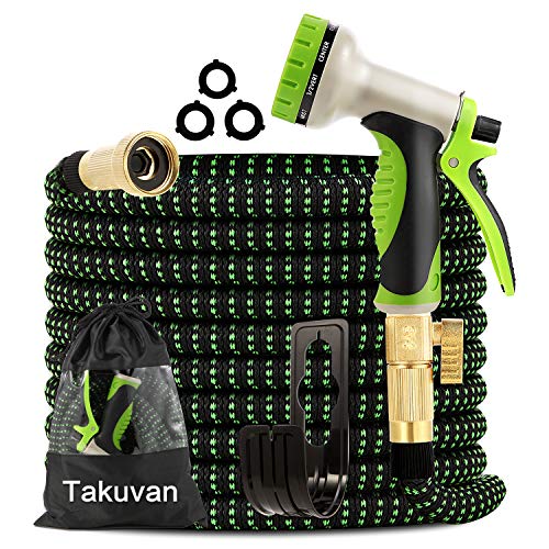 Takuvan Expandable Garden Hose 50ft  Water Hose with 9Way Spray Nozzle  Durable 4Layers Latex with 34 Solid Brass Fitting  Strength 3750D Flexible Lightweight No Kink Yard Hose Pipe Set