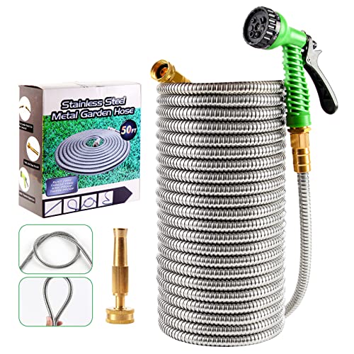 Yereen 304 Stainless Steel Garden Hose 100FT Metal Garden Hose Pipe with 2 Nozzles Leak and Fray Resistant with Kink Free Durable Rust Proof for Garden WateringCar WashingPets Cleaning