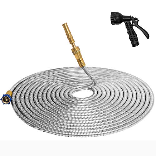 TUNHUI 304 Stainless Steel Garden Hose with Solid Brass Nozzle 100FT Outdoor Hose 7 Function Spray Gun Solid Metal Fittings Water Hose Flexible Durable Kink Free and Easy to Store