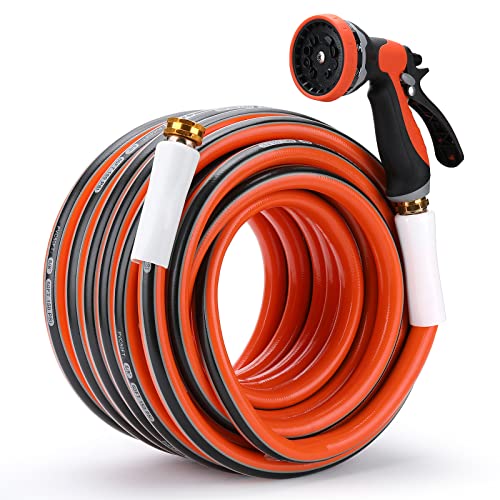 CTBOM 50 ft Garden Hose with 10 Function Hose Nozzle Heavy Duty No Kink Lightweight Water Hose 58 in x 50 ft 34 Solid Brass Connector ( Holder Kits Included)