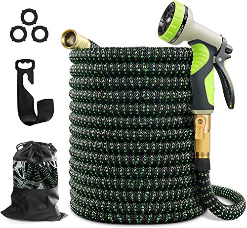 Expandable Water Hose Garden Hose 100Ft Nozzle Pocket Flexible Retractable Hose with Triple Layer Latex Core 34 Solid Brass Fittings 3750D Extra Strength Fabric 10 Function Nozzle for All Your Need…